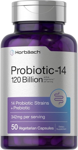 [BRSWY235DEGWGDL4] Horbäach Probiotics 120 Billion CFU | 14 Strains with Prebiotics | for Women & Men | 50 Capsules | Vegetarian, Non-GMO & Gluten Free Supplement