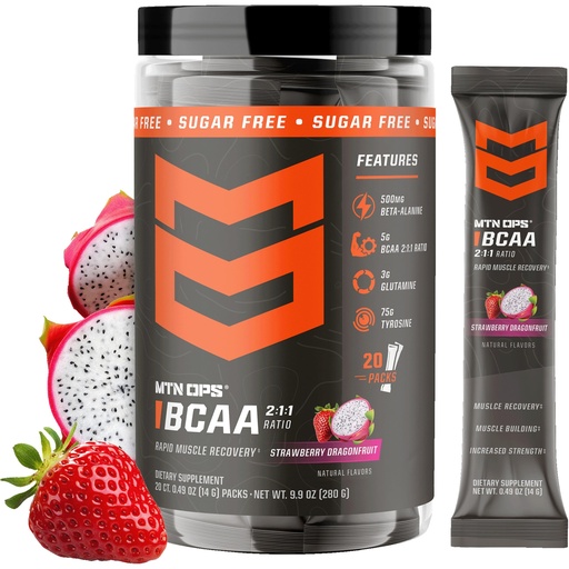[BRSRAY34AQORU2TV] MTN OPS BCAA Powder 2:1:1 Amino Acids Supplement Powder for Rapid Muscle Recovery & Repair with Zero Sugar & Gluten Free - 20 Servings, Strawberry Dragonfruit Trail Packs