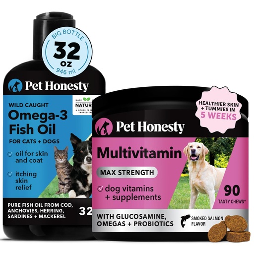 [BRSRAFTYAB7BQYIZ] Omega 3 Fish Oil & Multivitamin Max Strength Virtual Bundle: Wild Caught Omega 3 Supplement & 15-in-1 Dog Vitamins for Skin, Coat, and Health (32oz)