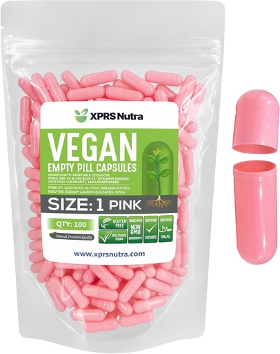 [BRSRMYIHBN5GEYDU] XPRS Nutra Size 1 Empty Capsules - 100 Count Empty Vegan Capsules - Vegetarian Pills - DIY Vegetable Capsule Filling- Veggie Pill Caps for Do-It-Yourself Supplements (Pink)