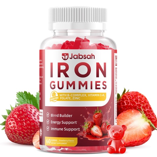 [BRSRGYLQAUHGKCL5] Vegan Iron Gummies for Women & Men, Iron Supplement with B-Complex, Vitamin C, A, Folate for Adults & Kids - Blood Builder & Energy Support & Immune Health - Strawberry Flavor, 60 Gummies