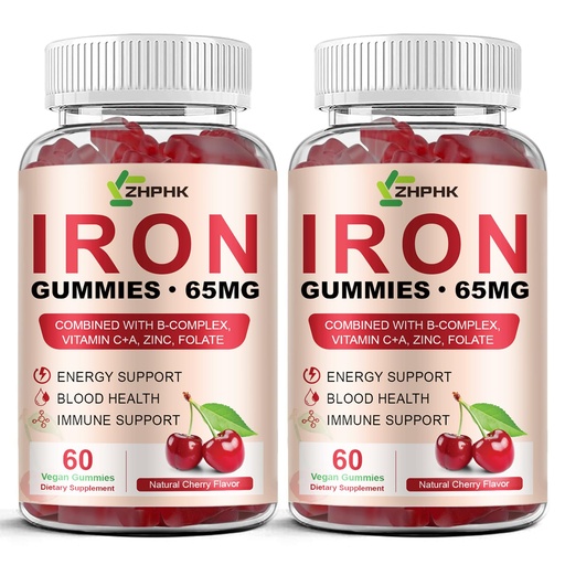 [BRSRACY7OF4B4EI7] ZHPHK Iron Gummies Supplement for Women, Men & Kids, Iron 65mg with 250mg Vitamin C B6 B12 Folate Healthy Blood, Energy & Immune Support Gentle on Stomach Ferrous Fumarate, 120 Count