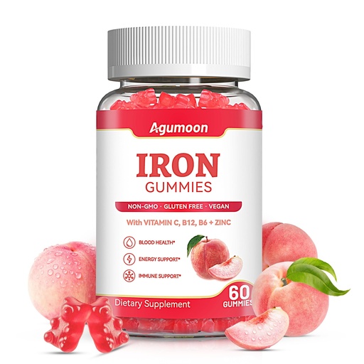 [BRSRGBIEAQBRYELJ] Iron Supplement Gummies for Women & Men - Iron Gummies with Folate Vitamin C B12 B6 Zinc - Health Blood & Energy Support & Immune Support for Adult, Peach Flavor, Vegan 60 Gummies