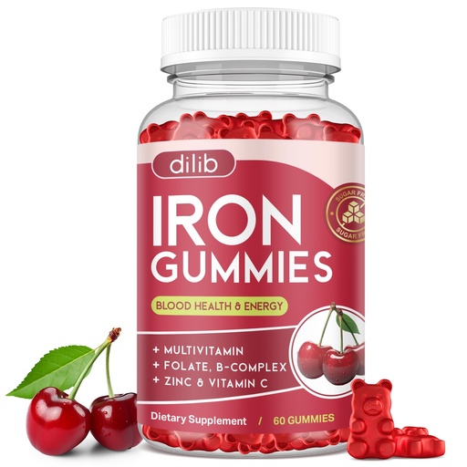[BRSRAGICOEORA3LF] Iron Gummies with Multivitamin, Iron Supplement for Women & Men with Zinc, Vitamin B Complex & C, B12, Folate - Blood Builder & Energy Support for Adults & Kids - Cherry Flavor, Vegan 60 Gummies