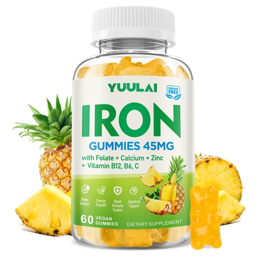 [BRSRECYZOECQIDIV] Iron Gummies for Women & Men, 60 Count | Calcium, Zinc, Folate & Vitamin B12, C, B6, Energy Support, Immune Health, Pineapple Flavor