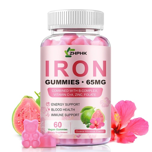 [BRSREEA3BMHWKAAU] Iron Gummies Vitamin Supplement 65mg & Vitamin C 250mg per Serving with B6 B12 Folate- Energy Support for Iron Deficiency, Anemia, Vegan Guava Hibiscus Flavor, 60 Count
