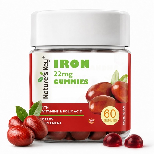 [BRSRGBA2OYGWYFI7] Nature's Key Iron Gummies, 22mg Iron Supplement with Folic Acid, B6 & B12, for Energy/Metabolism/Immune Support/Cellular Health/Radiant Skin/Antioxidant Support for Men Women Kids| NO Sugar| 60Ct