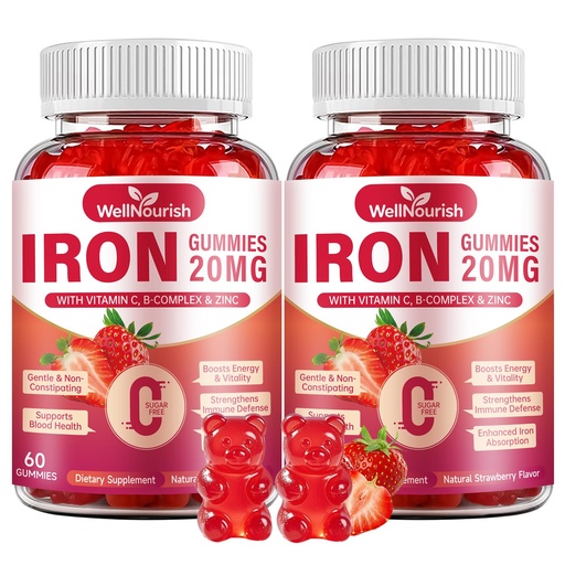 [BRSRGYADAQHGMCT2] 2 Pack Iron Supplement Gummies for Women & Kids, 20mg Gentle Iron with Vitamin C, Sugar Free Strawberry Blood Builder, Non-Constipating, B12 Folate Zinc, No Metallic Taste, 120 Count