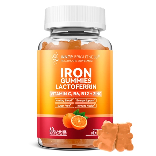 [BRSREGQLPJ7R4H3V] Iron Supplement Gummies with Lactoferrin, Vitamin C, B6, B12 & Zinc – Gentle, Vegan, Sugar-Free – Supports Healthy Blood, Immune Health & Energy – for Women, Men & Kids – Orange Flavor, 60 Count