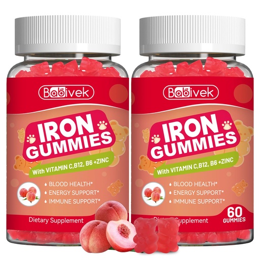 [BRSRGZQYCF6BOHLK] 2 Pack Iron Supplement Gummies for Women & Men - Iron Gummies with Folate Vitamin C B12 B6 Zinc, Peach Flavor, Vegan 120 Gummies