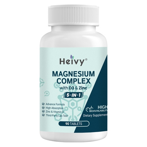 [BRSROCA5DIPREA3U] Heivy Magnesium Complex, Magnesium Glycinate, Citrate, Malate, Oxide, Gluconate with Zinc and Vitamin D3, Magnesium Supplement for Muscle, Nerve, Heart, Bone Support, High Absorption, 90 Tablets
