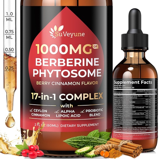 [BRSRYZYPDIJWEELV] Berberine with Ceylon Cinnamon Supplement Phytosome Liquid Drops 1000mg | 17-in-1 Metabolism & Gut Support: Chromium, 30B Probiotics, R-ALA, Gymnema, Bitter Melon, Glucomannan, Green Tea, L-Carnitine