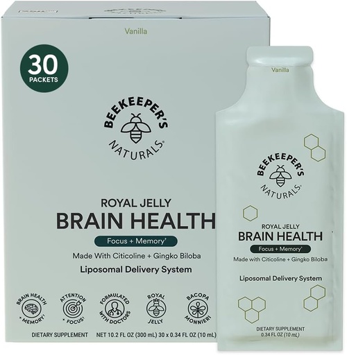[BRSRAZQPPJ6AKF3L] Nootropic Brain Supplement by Beekeeper's Naturals, 500mg Citocoline, Ginkgo Biloba, Bacopa Monnieri & Royal Jelly, Supports Focus & Memory, Easier Absorption, Plus a Tasty Vanilla Flavor, 30ct