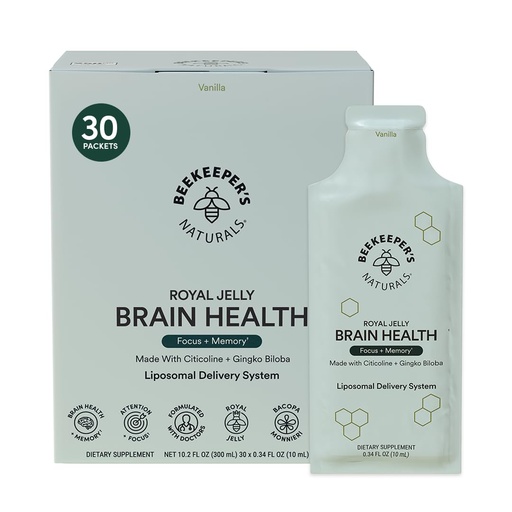 [BRSRAZQPPJ6AKF3L] Nootropic Brain Supplement by Beekeeper's Naturals, 500mg Citocoline, Ginkgo Biloba, Bacopa Monnieri & Royal Jelly, Supports Focus & Memory, Easier Absorption, Plus a Tasty Vanilla Flavor, 30ct