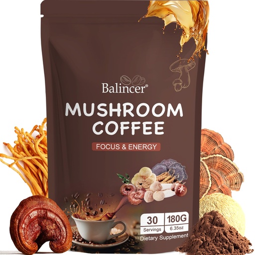 [BRSRAFDYA5YWCDTU] Mushroom Coffee, 6 Adaptogenic Mushrooms (Lion's Mane, Cordyceps, Turkey Tail & Other) Mixed with Premium Instant Coffee for Focus, Energy, Immune and Gut Health Support, 30 Servings