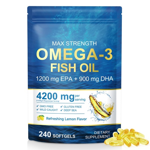 [BRSRYYD4B4NQKHLB] Omega 3 Fish Oil 4200mg per Serving (3 Softgels) - 2290mg Total Omega 3 (1200mg EPA & 900mg DHA) - 240 Softgels, 80-Day Supply - Wild Caught Burpless Lemon Flavor Dietary Supplement