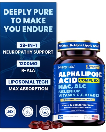 [BRSRECAPCV7QEGTL] Liposomal R-Alpha Lipoic Acid 1200mg - R-ALA Complex with Benfotiamine, Active B Complex - Supports Nerve Comfort, Calms Tingling, Numbness in Hands & Feet, Brain Fog & Restlessness - 100 Count