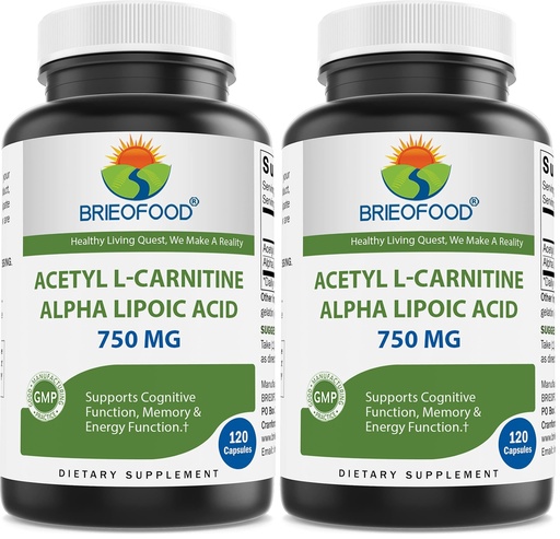 [BRSRGFI7B56GYCD2] Brieofood Acetyl L-Carnitine Alpha Lipoic Acid (ALA ALC) 750 mg 120 Capsules (Pack of 2)