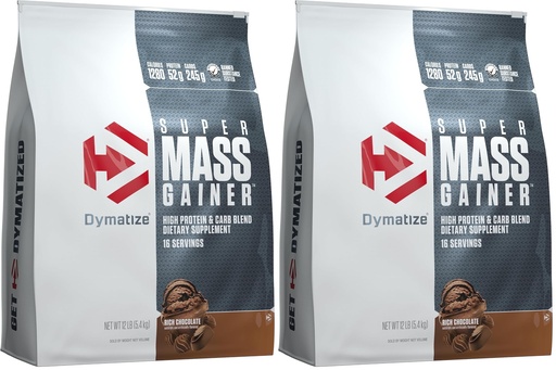 [BRSRGCD6OUBROA3F] Dymatize Super Mass Gainer Protein Powder, Rich Chocolate, 52g Protein, 1g Creatine, 1280 Calories, 10.7g BCAAs, 245g Carbs, Contains Whey_Protein Powder, Isolate, and Casein (16 Servings) (Pack of 2)