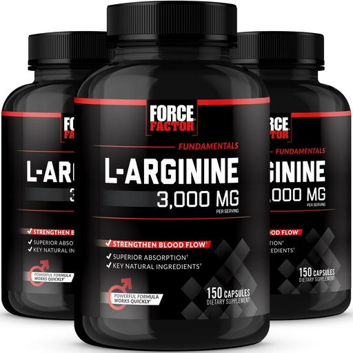 [BRSW2Y36PIHAACI3] Force Factor L-Arginine, Nitric Oxide Supplement with BioPerine to Help Build Muscle & Support Stronger Blood Flow, Circulation, Nutrient Delivery, & Pumps, L-Arginine 3000mg, 450 Capsules (Pack of 3)