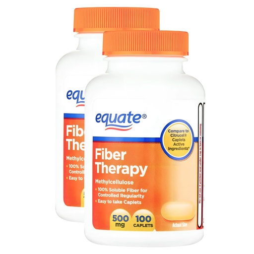 [BRSRGZA5CJ7RMDTU] KP+ Equate Fiber Therapy Caplets with Methylcellulose 500 mg | 100 Caplets | Soluble Methylcellulose for Digestive Regularity | Gentle, Non-Stimulant Laxative | Pack of 2