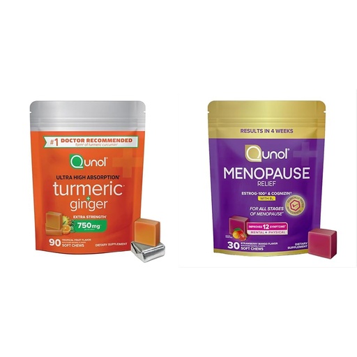 [BRSRYYYHAUGQKHT3] Qunol Turmeric and Ginger 750mg Soft Chews, 90 Count + Menopause Relief + Vitamin B6 Soft Chews, 30 Count
