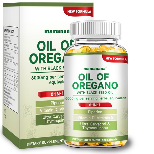 [BRSRGEDQDFYGCC3A] Oil of Oregano with Black Seed Oil Softgels, 6 in 1 Oregano Oil Capsules Organic 6000mg High Potency Carvacrol&Thymoquinone, Digestive Health Immune Support Herbal Supplement - Non GMO -60 Capsules