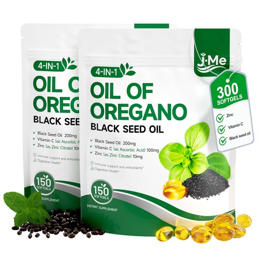 [BRSRGGQ3OF7REFL6] JME Oil of Oregano with Black Seed Oil, 4 in 1 Organic Oregano Oil Capsules for Immune & Digestive Support | 5X Carvacrol & Thymoquinone + Vitamin C & Zinc | 300 Softgels, Non-GMO