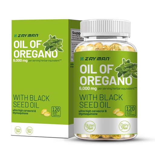 [BRSREFAQB4HRG3LH] ZAYMAN Oil of Oregano Softgels 6000mg with Black Seed Oil 200mg | Non-GMO Plant-Based Carvacrol & Thymoquinone | 120 Softgels