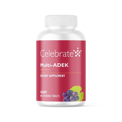 [BRSRMGQ5DEFQMCLU] Celebrate Vitamins Multi ADEK Chewables, 60mg Iron - Daily Bariatric Multivitamin, Vitamins A, D, E, K & B12 for Duodenal Switch Surgery Patients - Grape (60 Tablets)