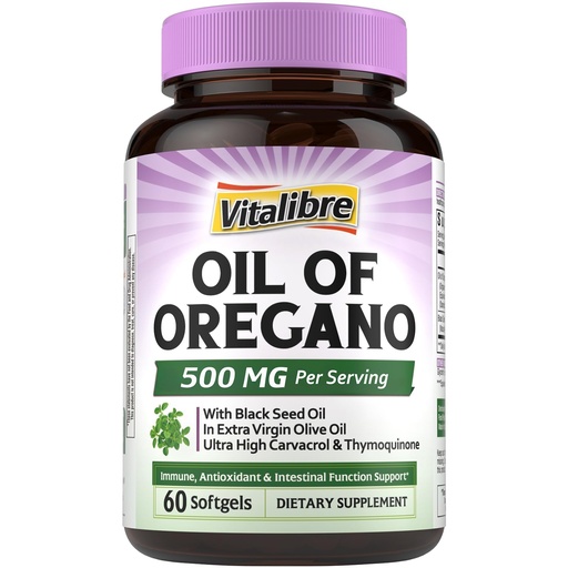 [BRSRACYZO4BQAC3A] Vitalibre Oil of Oregano 500mg with Black Seed Oil, Wild Harvested, Contains Carvacrol, Non-GMO, Herbal Extract Supplement for Immune Support, 60 Softgels