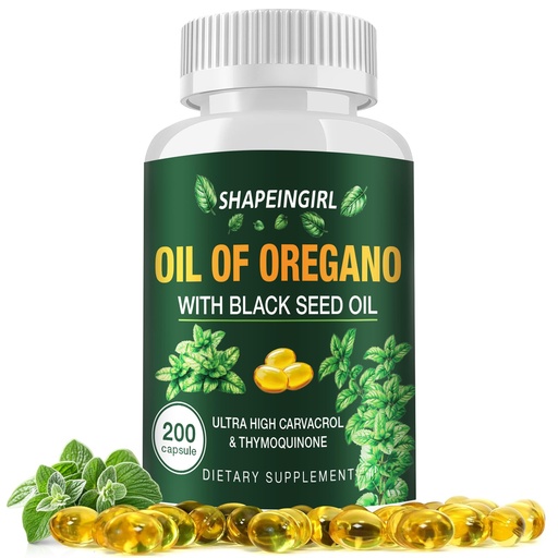 [BRSREZYOAUHQ2CL6] Oil of Oregano Capsules with Black Seed Oil - Organic Oregano Oil Supplement 200 Softgels, High Potency Carvacrol & Thymoquinone, Non-GMO, Immune Support, Digestive & Respiratory Health
