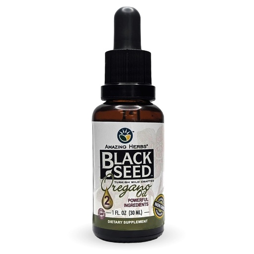 [BRSWGFQNOAOWEYDF] Amazing Herbs Black Seed with Oregano Oil - Liquid Drops for Natural Immune Support, Essential Oil with Carvacrol Oregano, Promotes Digestive Wellness, Fresh Pressed, Non GMO, Gluten Free - 1 fl oz