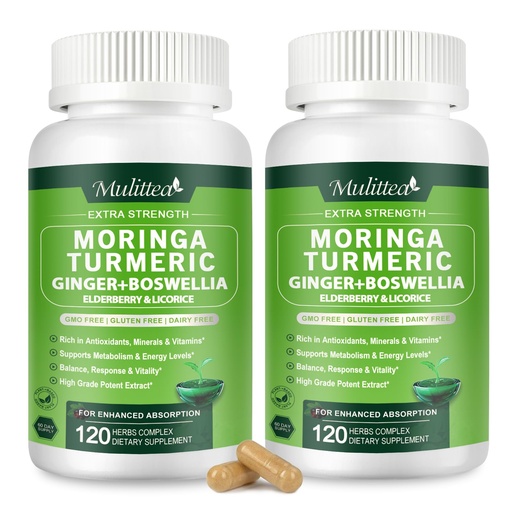 [BRSRAAY2CIBQO3LJ] Moringa Capsules Organic 1000mg, 7-in-1 Superfood with Turmeric, Ginger, Elderberry, Licorice & Boswellia - Support Immune, Skin, Gut & Antioxidant-Non-GMO, GMP, 120 Vegan Capsules-2 Packs