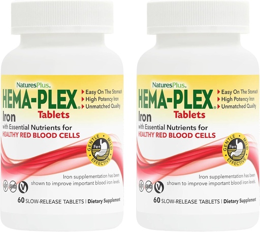 [BRSRMEAZOINBA2TU] NaturesPlus Hema-Plex Iron - 60 Tablas de liberación lenta, Pack de 2 - Total Blood Health - 85 mg Chelated Iron - with Vitamin C & Bioflavonoids - Non GMO, Vegetarian & Gluten Free - 120 Total Servings