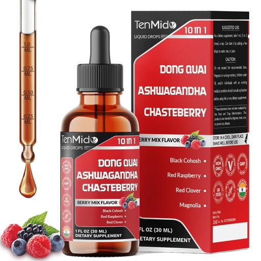 [BRSREGAQOEPAKFIU] 10in1 Liquid Dong Quai Supplement for Women with Ashwagandha, Chasteberry, Black Cohosh, Red Clover, Magnolia, Red Raspberry, Hops Flower, Lemon Balm, and Ginger - 30ml 1 Fl Oz