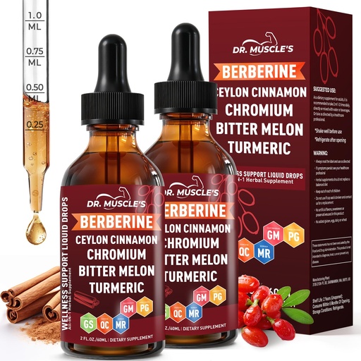 [BRSRYZQPBAGRQHYZ] 2PCS Berberine Drops with Ceylon Cinnamon Liquid Supplement - Chromium, Bitter Melon, Turmeric, Glucomannan & Moringa - Metabolism, Digestive & Immune Health Support for Adults, 4 FL OZ