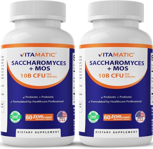 [BRSREFA5CUHGMDT4] Vitamatic Saccharomyces Boulardii Probiotic 10B per Serving + Yeast Extract (MOS Yeast Fraction) 300 mg - 60 DR Capsules - Made in the USA-2 Pack