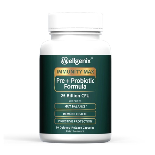 [BRSRGCQ6DEPAIETF] Wellgenix Immunity Max Probiotic 25 Billion CFU – Bifidobacterium Lactis, Saccharomyces Boulardii & Lactobacillus Rhamnosus – Gut Balance & Immune Support – 30 Vegetarian Delayed-Release Capsules