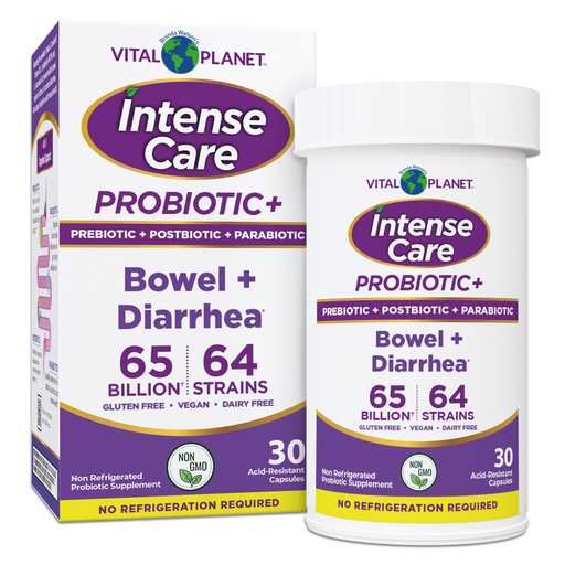 [BRSRE233OEFRM2AZ] Vital Planet - Intense Care Bowel and Diarrhea Probiotic Supplement with Organic Prebiotics, Postbiotics, and Parabiotics, Lactobacillus Rhamnosus and Saccharomyces, 65 Billion CFU, 64 Strains, 30 Ct
