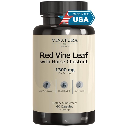 [BRSRMFARCIGWEYLX] VINATURA Red Vine Leaf Extract - Horse Chestnut, 1300mg/serving *USA Made and Tested* Circulation and Vein Support for Healthy Legs - Helps Blood Flow, Leg Circulation - 60 Capsules (30 Servings)