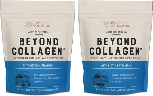 [BRSW2FIFAF4GKHLD] Live Conscious Beyond Collagen Multi Collagen Powder - Types I, II, III, V & X | Keto Friendly, Hydrolyzed Blend with Biotin & Vitamin C (2-Pack)