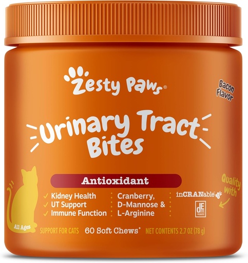 [BRSROGAQB4FBSCD7] Zesty Paws Cranberry Urin Tract Bites for katter - Nyre og urinveistraktasje Helse - Myke Chews med D-Mannose, vitamin B6 & L-Arginin - Immun & Gut Support - Bacon - 60 Count
