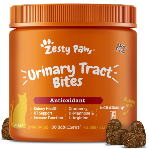 [BRSROGAQB4FBSCD7] Zesty Paws Cranberry Urinary Tract Bites for Cats - Kidney & Urinary Tract Health - Soft Chews with D-Mannose, Vitamin B6 & L-Arginine - Immune & Gut Support - Bacon - 60 Count