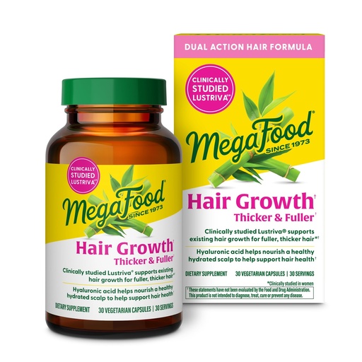 [BRSRGBQEDIPWMHLO] MegaFood Hair Growth – Clinically Studied Lustriva & Hyaluronic Acid - Biotin 10000mcg, Thicker & Fuller Existing Hair Growth Vitamins - 30 Vegetarian Capsules, 30 Servings
