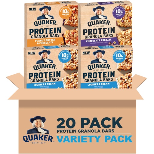 [BRSRGBI2OB5GYEQU] Quaker Protein Granola Bars, Variety Pack, 1.41 oz Bars, (20 Pack) 10g Protein