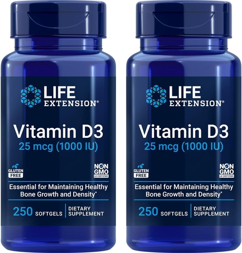 [BRSWGZLYCQPBSF3J] Extensión de vida Vitamina D3 25 mcg (1000 UI), Soporte de sistema inmunitario, salud ósea, salud integral, tamaño de valor, libre de gluten, no transgénico – dos paquete - 2 x 250 Softgels