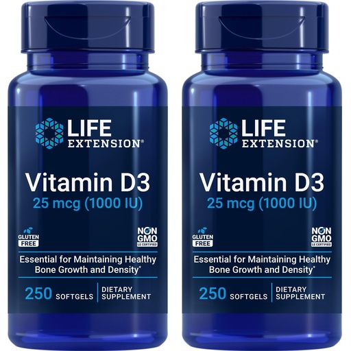 [BRSWGZLYCQPBSF3J] Life Extension Vitamin D3 25 mcg (1000 IU), Immune System Support, Bone Health, Whole-Body Health, Value Size, Gluten-Free, Non-GMO – Two Pack - 2 x 250 Softgels