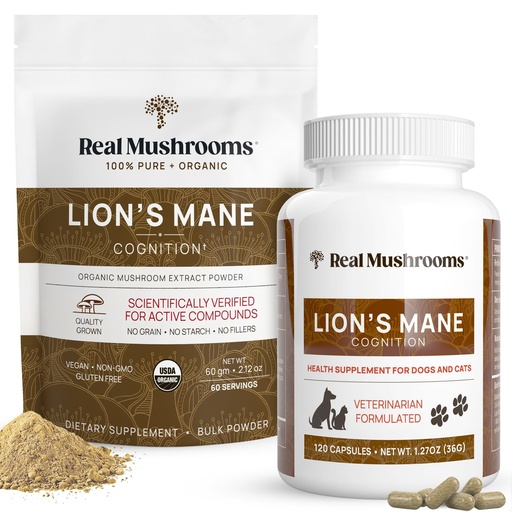 [BRSRMYLYCB4AGELH] Real Mushrooms Lions Mane for Humans (60 Servings) and Pets (120ct) - Powder & Capsules Bundle for Cognition & Immunity - Vegan, Non-GMO, Gluten-Free, Grain-Free Mushroom Extract Supplements