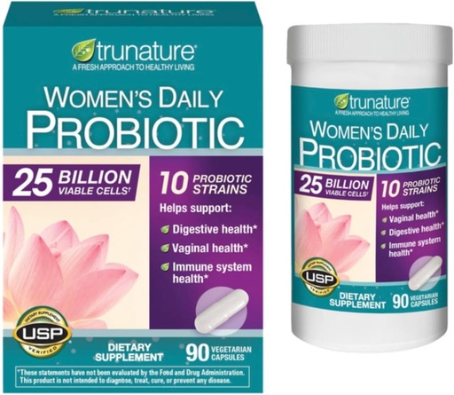 [BRSRYZD2OUMGKELV] TruesNature Women's Daily Probiotic, 25 Billion Viable Cells, 90 Vegetarian Capsules, 10 Probiotic Strains, Supports Vaginal, Digestive, Immune Health